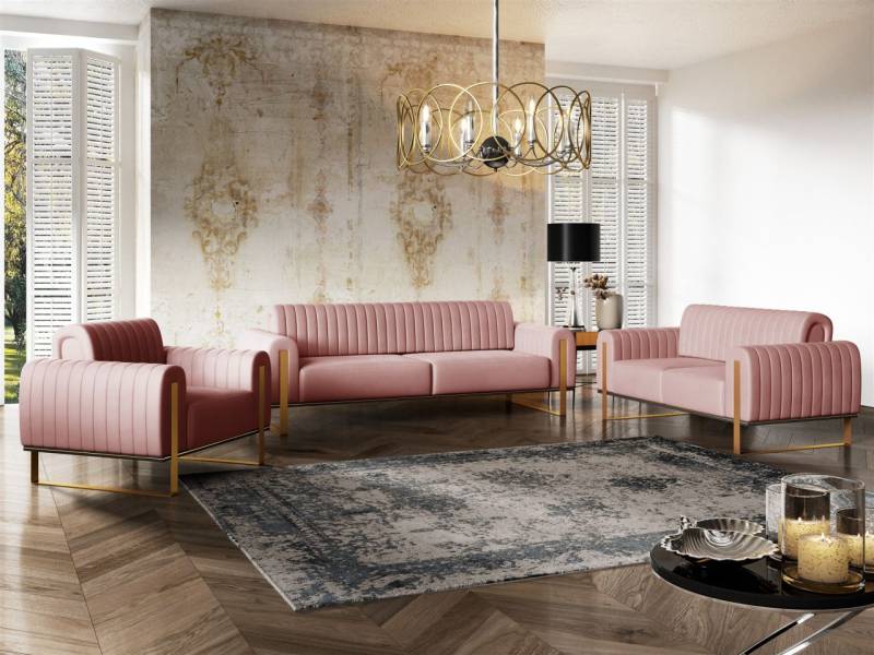 Sofaset Designersofas VALERIE 3-2-1 in Stoff Elisa Velvet Altrosa von Fun Möbel
