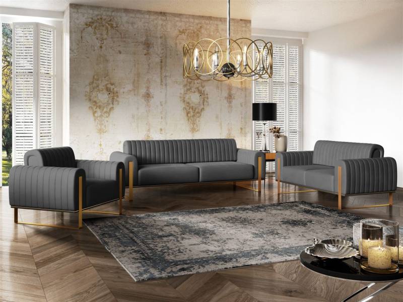 Sofaset Designersofas VALERIE 3-2-1 in Stoff Elisa Velvet Anthrazit von Fun Möbel