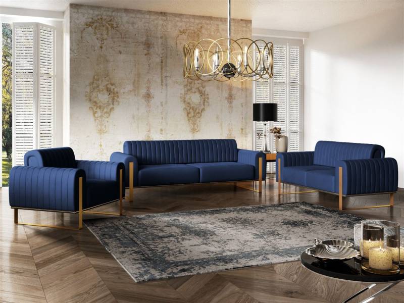 Sofaset Designersofas VALERIE 3-2-1 in Stoff Elisa Velvet Dunkelblau von Fun Möbel