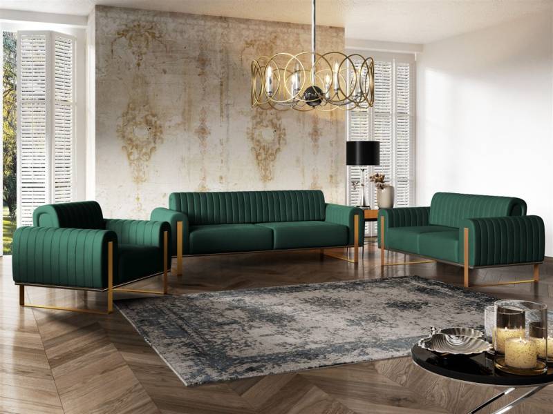 Sofaset Designersofas VALERIE 3-2-1 in Stoff Elisa Velvet Flaschengrün von Fun Möbel