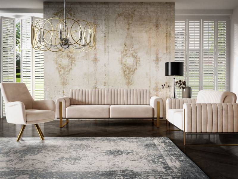 Sofaset Designersofas VALERIE 3-2-1 in Stoff Stoff Elisa Velvet Beige von Fun Möbel