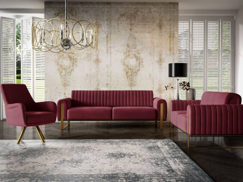 Sofaset Designersofas VALERIE 3-2-1 in Stoff Stoff Elisa Velvet Bordeauxrot von Fun Möbel