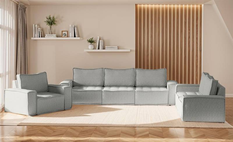 Sofaset Modulsofa-Set 6-teilig SANDE 3-2-1 Stoff Alpine Hellgrau von Fun Möbel