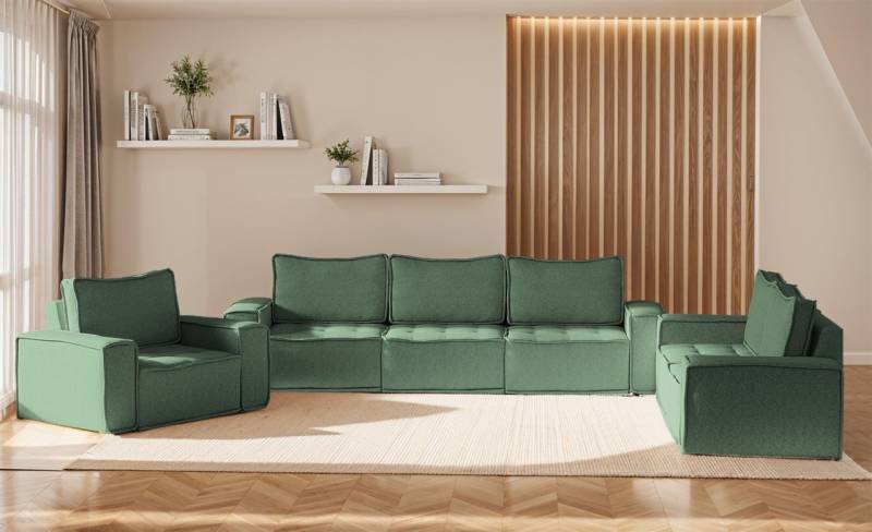 Sofaset Modulsofa-Set 6-teilig SANDE 3-2-1 Stoff Raven Flaschengrün von Fun Möbel