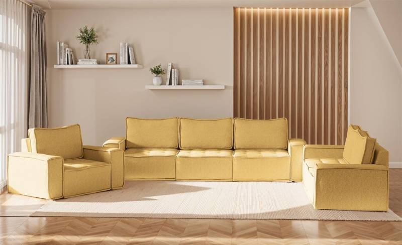 Sofaset Modulsofa-Set 6-teilig SANDE 3-2-1 Stoff Raven Honiggelb von Fun Möbel