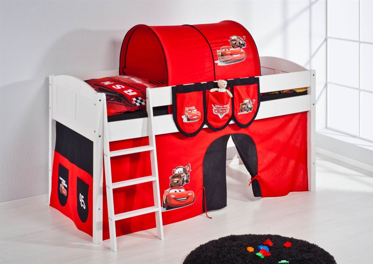 Spielbett Bett -LANDI - CARS -Teilbar - Kiefer Weis - mit Vorhang von Fun Möbel