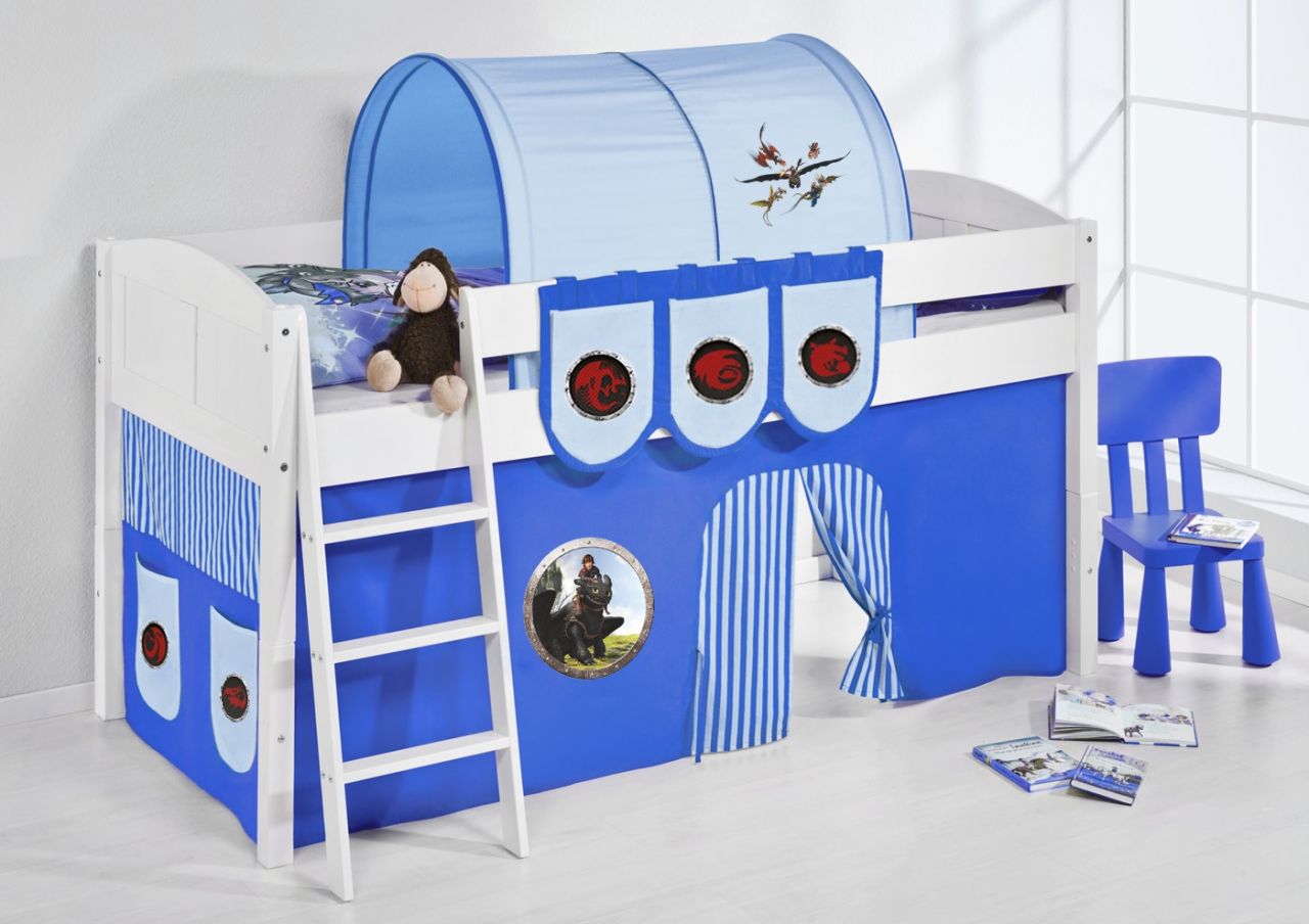 Spielbett Bett -LANDI - Dragon Blau -Teilbar -Kiefer Weis -mit Vorhang von Fun Möbel