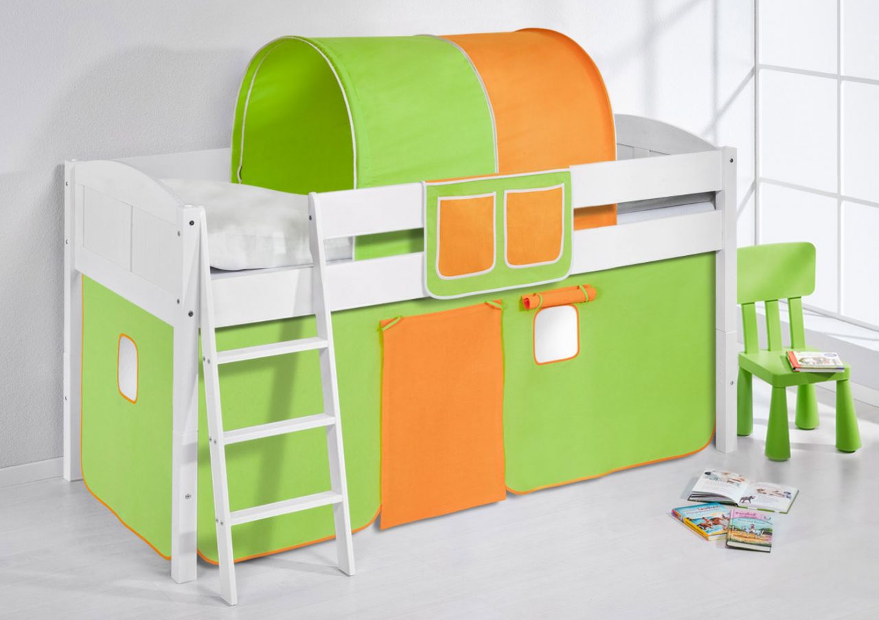 Spielbett Bett - LANDI - Grün Orange -Teilbar-Kiefer Weiss -mit Vorhang von Fun Möbel