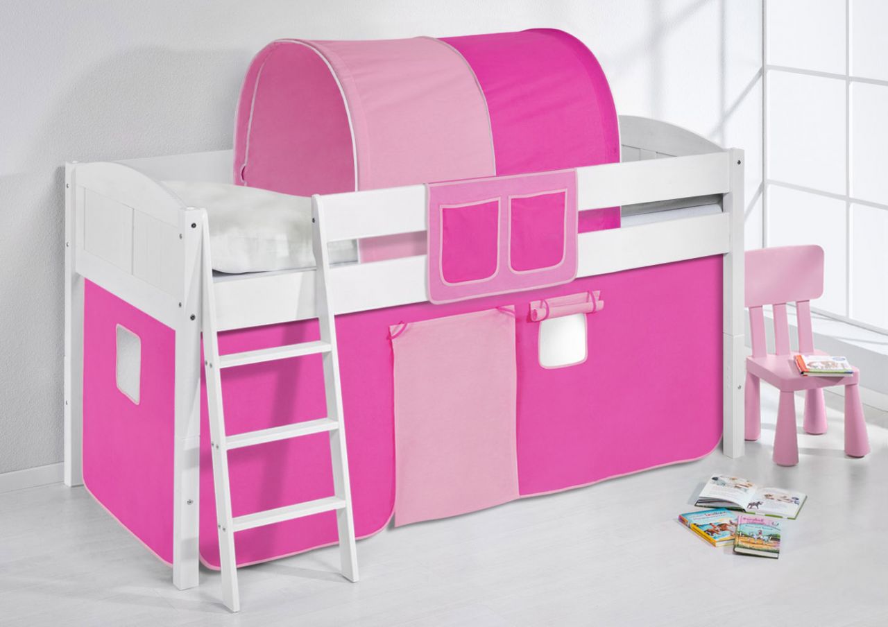 Spielbett Bett - LANDI - Pink Rosa -Teilbar -Kiefer Weiss -mit Vorhang von Fun Möbel