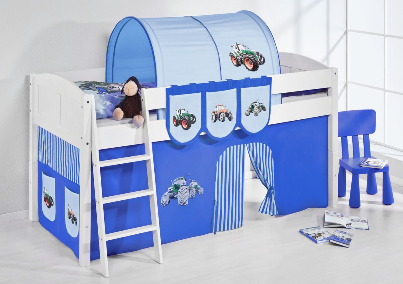 Spielbett Bett -LANDI - Trecker Blau -Teilbar-Kiefer Weiss-mit Vorhang von Fun Möbel