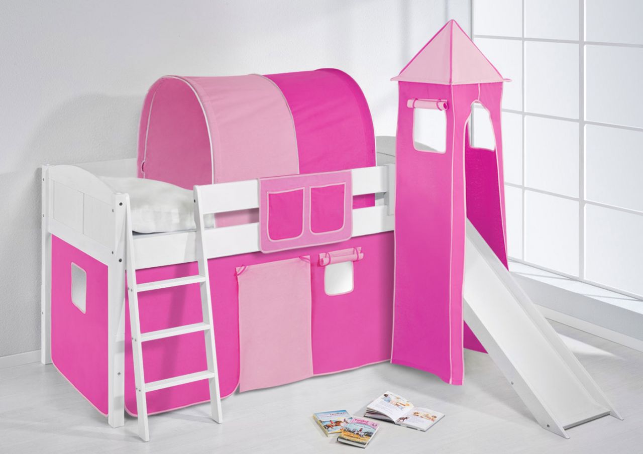 Spielbett mit Rutsche,Turm, Vorhang -LANDI/S -Pink Rosa - Kiefer Weiss von Fun Möbel