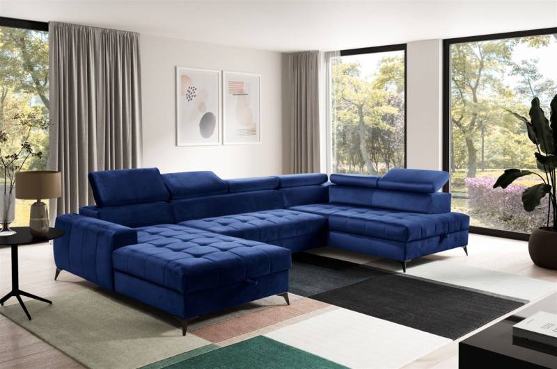 Wohnlandschaft Schlafsofa AGNESA Stoff Salvador Dunkelblau Ottomane Links von Fun Möbel