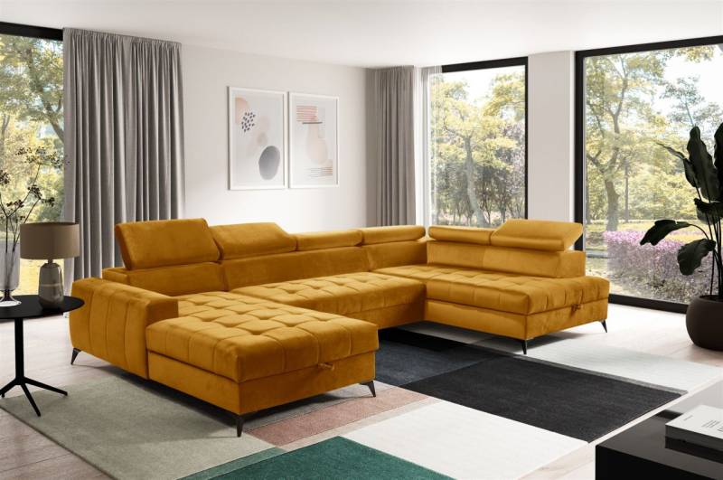 Wohnlandschaft Schlafsofa AGNESA Stoff Salvador Honiggelb Ottomane Links von Fun Möbel