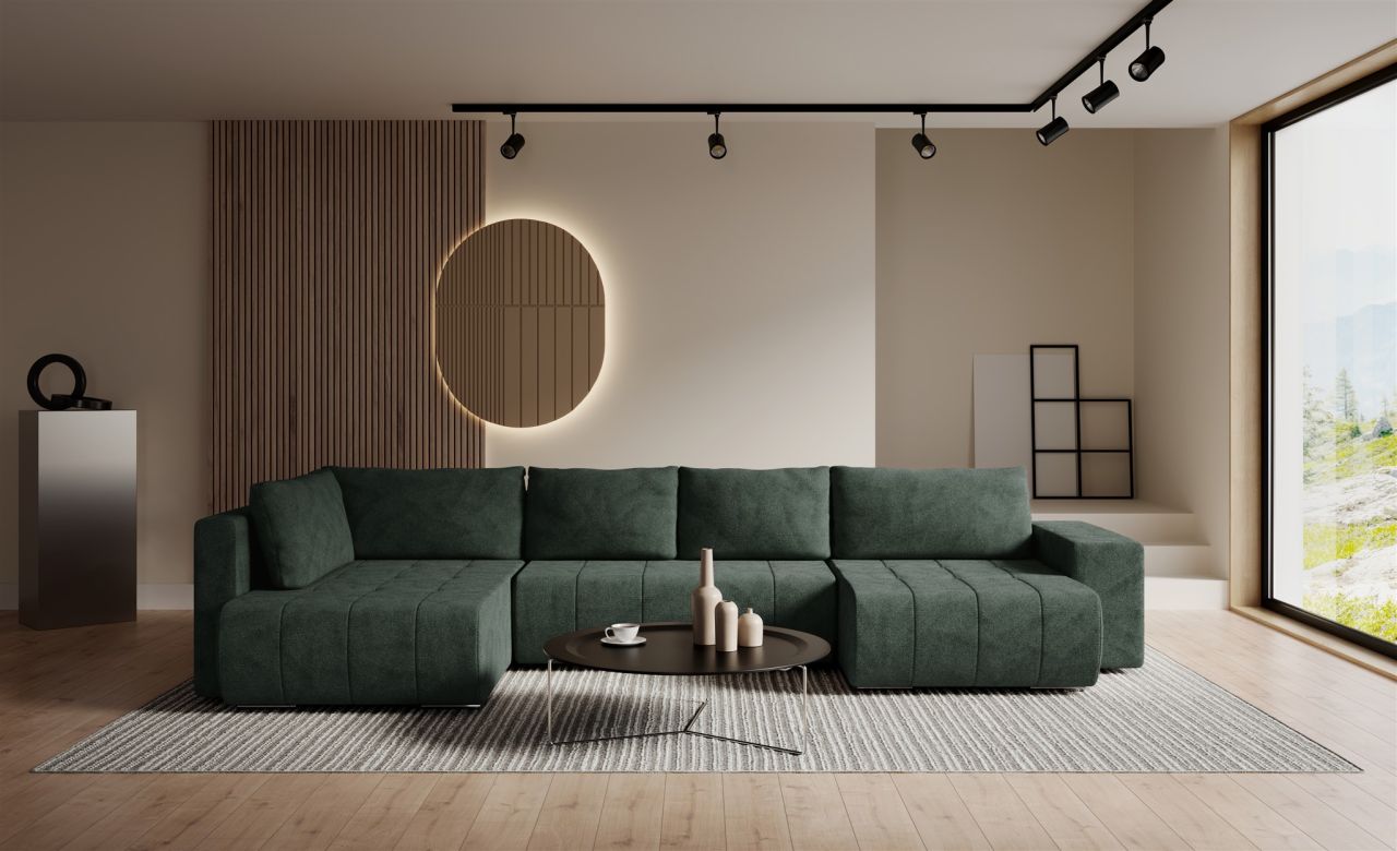 Wohnlandschaft Schlafsofa ARMANDA in Stoff Blur Grün langer Schenkel Links Wohnlandschaft Schlafsofa ARMANDA in Stoff Blur Grün langer Schenkel Links von Fun Möbel