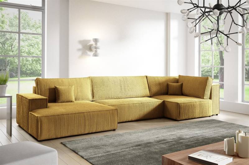Wohnlandschaft Schlafsofa CORUNIA Stoff Poso Honiggelb Ottomane Links von Fun Möbel