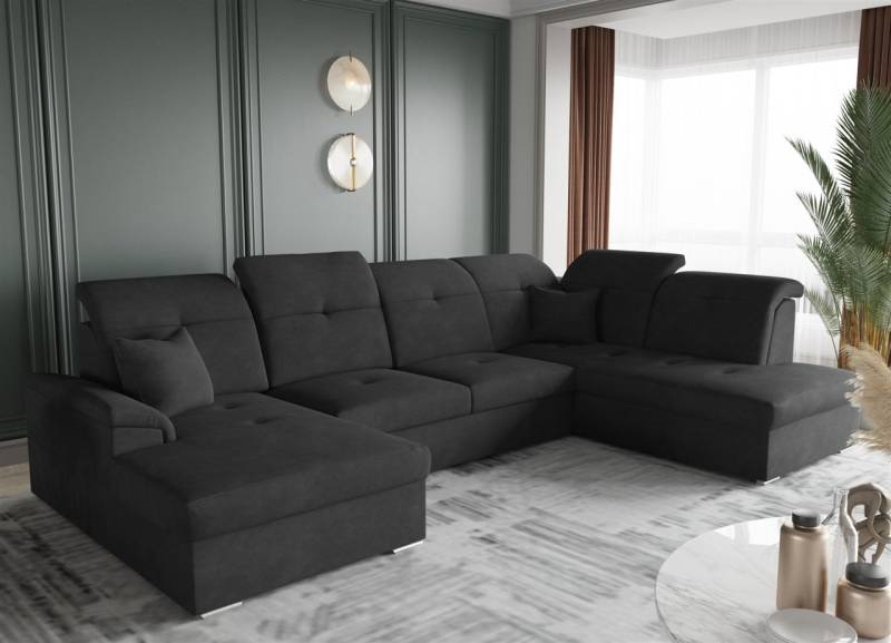 Wohnlandschaft Schlafsofa FREJA Stoff Brooklyn Schwarz Langer Schenkel Rechts von Fun Moebel