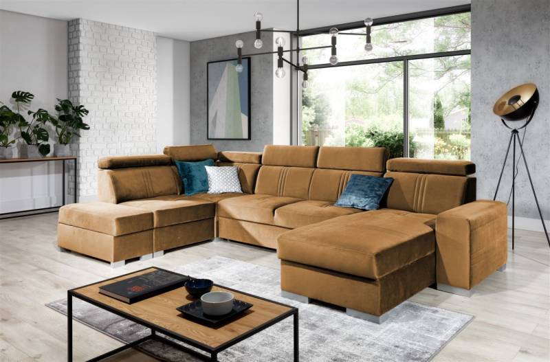 Wohnlandschaft Schlafsofa NOLAN ink USB Stoff Monolith Goldbraun Ottomane Rechts von Fun Moebel