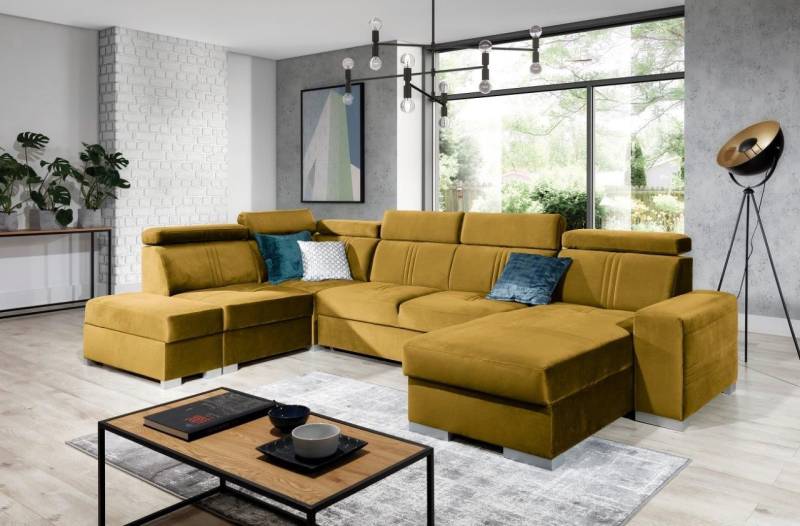 Wohnlandschaft Schlafsofa NOLAN inkl USB Stoff Element Honiggelb Ottomane Rechts von Fun Moebel