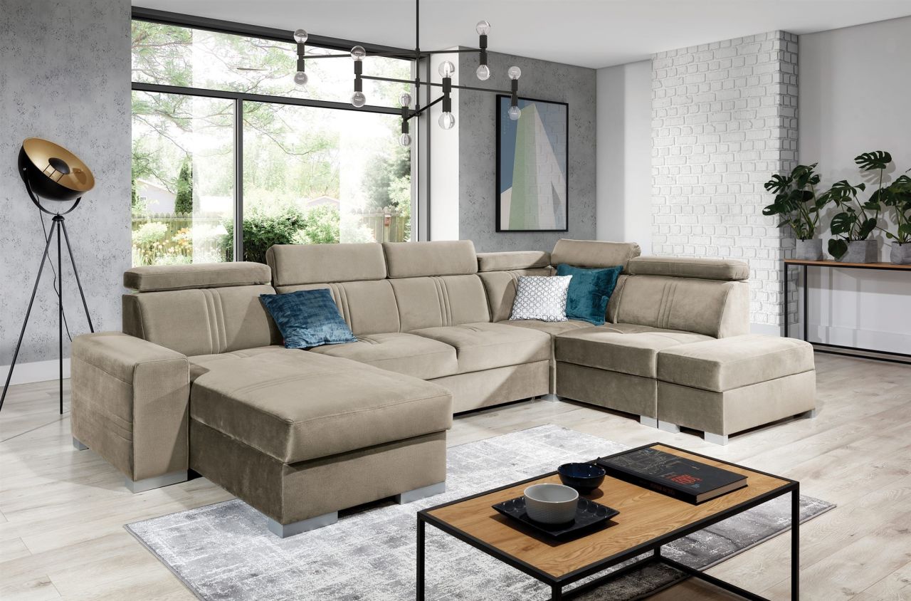 Wohnlandschaft Schlafsofa NOLAN inkl. USB in Stoff Element Beige Ottomane Links von Fun Moebel