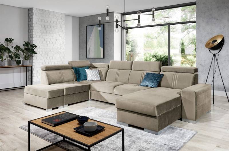 Wohnlandschaft Schlafsofa NOLAN inkl. USB in Stoff Element Beige Ottomane Rechts von Fun Moebel