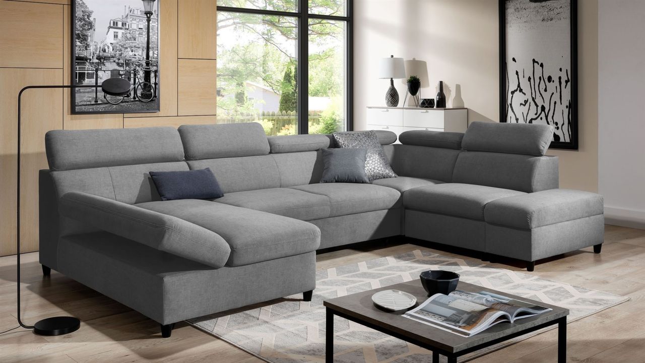 Wohnlandschaft Schlafsofa Sofa ANTON in Stoff Esito Grau Ottomane Links von Fun Möbel