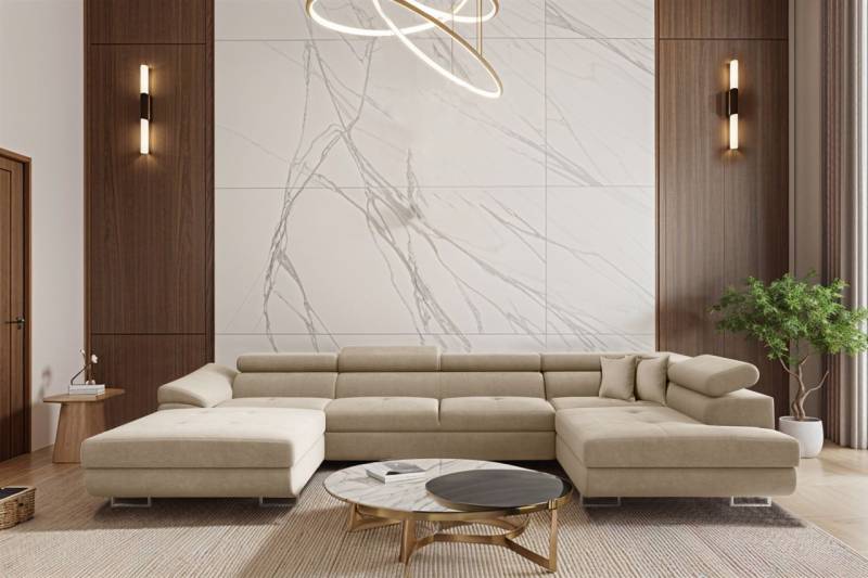 Wohnlandschaft Schlafsofa Sofa CARMELO in Stoff Nova Beige Ottomane Links von Fun Möbel