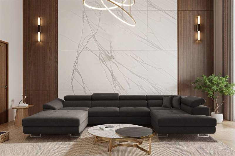 Wohnlandschaft Schlafsofa Sofa CARMELO in Stoff Nova Grafit Ottomane Links von Fun Möbel