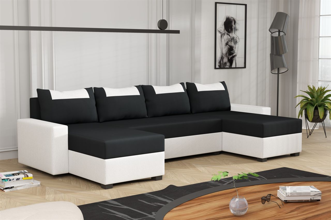 Wohnlandschaft Schlafsofa Sofa HEDVIG LUX Kunstleder/Stoff Weiß- Schwarz von Fun Möbel