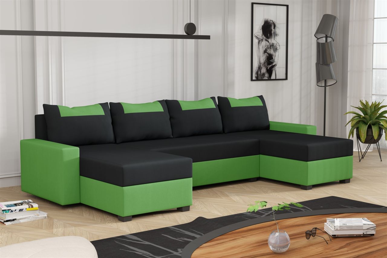 Wohnlandschaft Schlafsofa Sofa HEDVIG Stoff Manila Grün- Schwarz von Fun Möbel