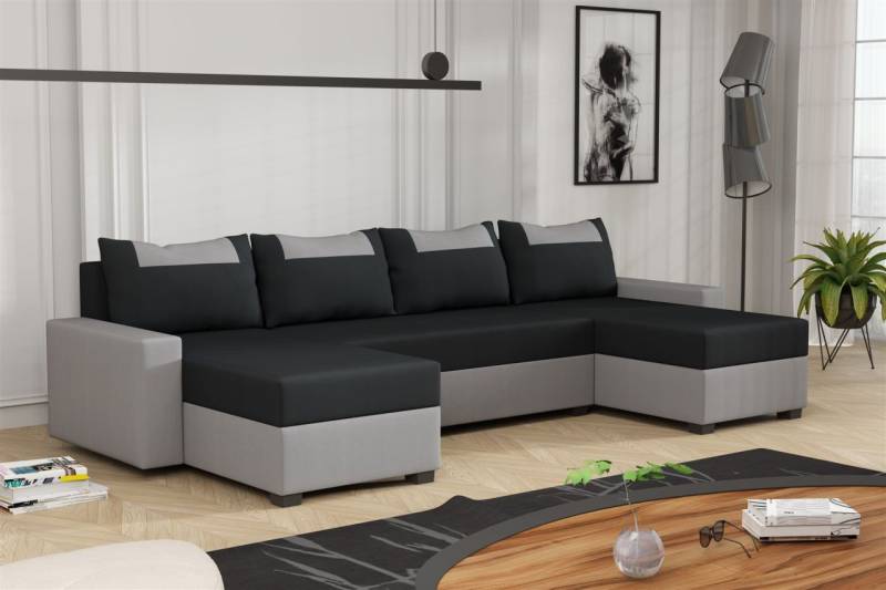 Wohnlandschaft Schlafsofa Sofa HEDVIG Stoff Manila Hellgrau- Schwarz Wohnlandschaft Schlafsofa Sofa HEDVIG Stoff Manila Hellgrau- Schwarz von Fun Möbel