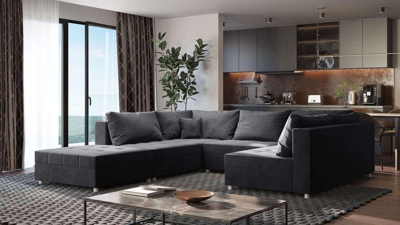 Wohnlandschaft Sofa ANDRO Schlaffunktion und Hocker Stoff Fresh Anthrazit Wohnlandschaft Sofa ANDRO Schlaffunktion und Hocker Stoff Fresh Anthrazit von Fun Möbel
