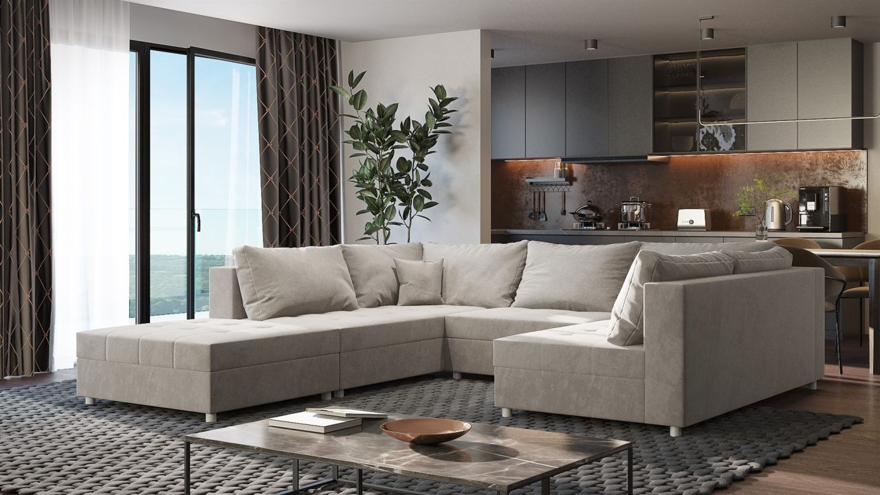 Wohnlandschaft Sofa ANDRO Schlaffunktion und Hocker Stoff Fresh Beige Wohnlandschaft Sofa ANDRO Schlaffunktion und Hocker Stoff Fresh Beige von Fun Möbel