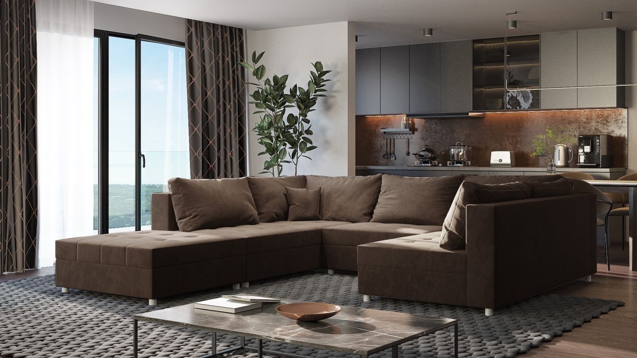 Wohnlandschaft Sofa ANDRO Schlaffunktion und Hocker Stoff Fresh Braun Wohnlandschaft Sofa ANDRO Schlaffunktion und Hocker Stoff Fresh Braun von Fun Möbel