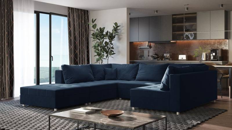 Wohnlandschaft Sofa ANDRO Schlaffunktion und Hocker Stoff Fresh Dunkelblau von Fun Möbel