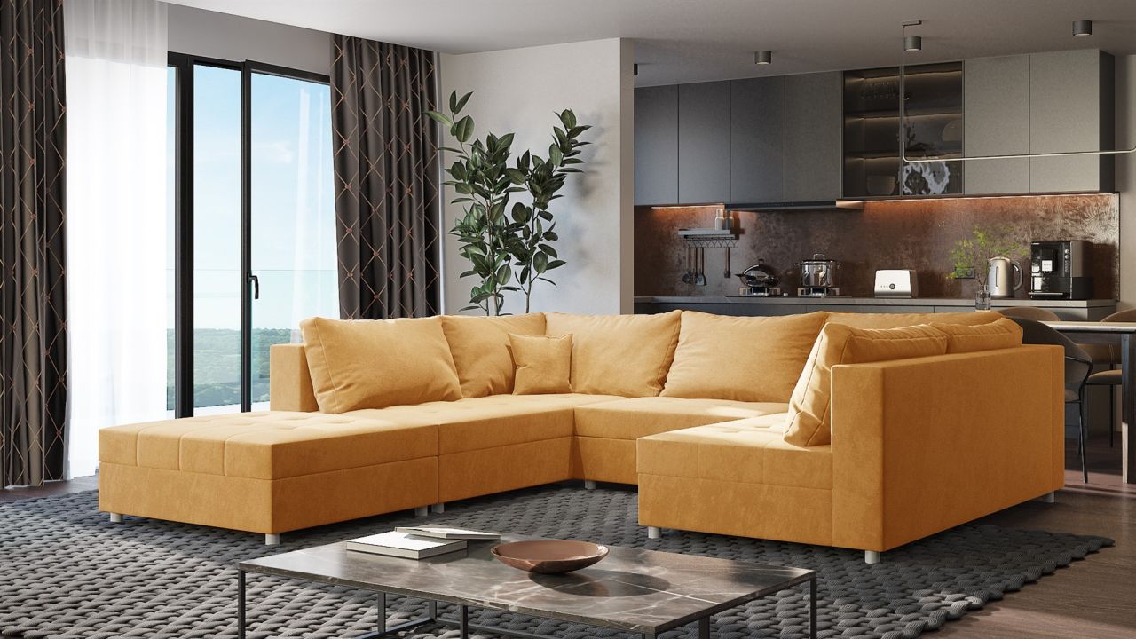 Wohnlandschaft Sofa ANDRO Schlaffunktion und Hocker Stoff Fresh Gelb Wohnlandschaft Sofa ANDRO Schlaffunktion und Hocker Stoff Fresh Gelb von Fun Möbel