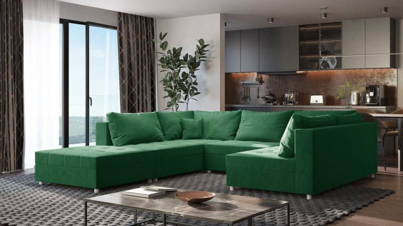 Wohnlandschaft Sofa ANDRO Schlaffunktion und Hocker Stoff Fresh Grün von Fun Möbel