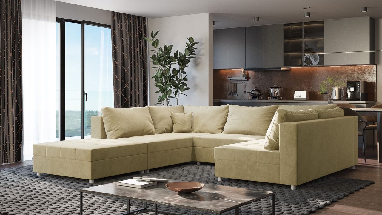 Wohnlandschaft Sofa ANDRO Schlaffunktion und Hocker Stoff Fresh Latte von Fun Möbel