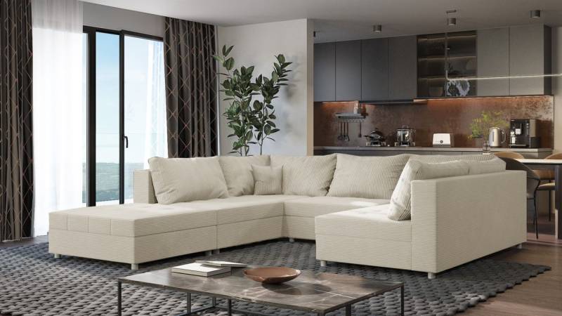 Wohnlandschaft Sofa ANDRO Schlaffunktion und Hocker Stoff Lincoln Creme von Fun Möbel