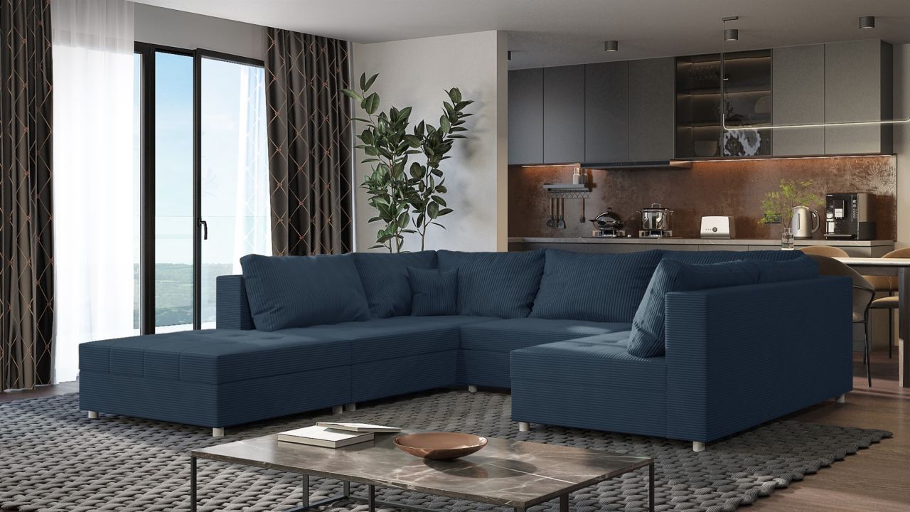 Wohnlandschaft Sofa ANDRO Schlaffunktion und Hocker Stoff Lincoln Dunkelblau von Fun Möbel