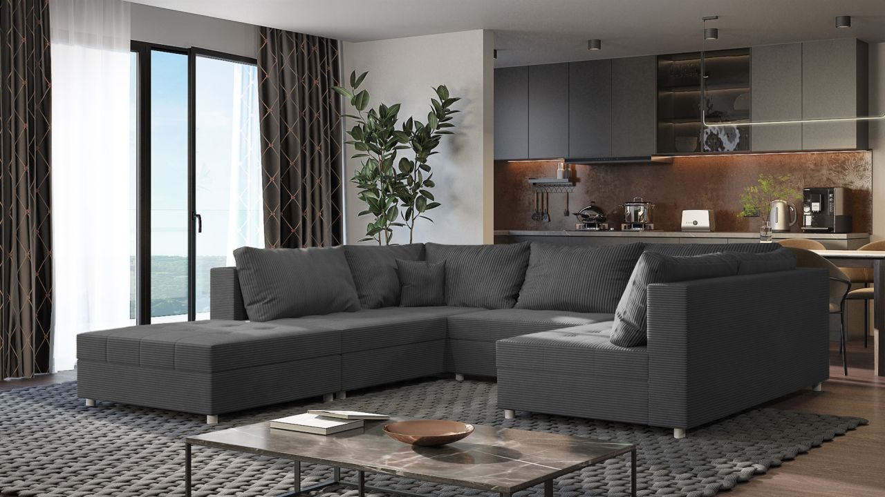Wohnlandschaft Sofa ANDRO Schlaffunktion und Hocker Stoff Lincoln Grafit Wohnlandschaft Sofa ANDRO Schlaffunktion und Hocker Stoff Lincoln Grafit von Fun Möbel