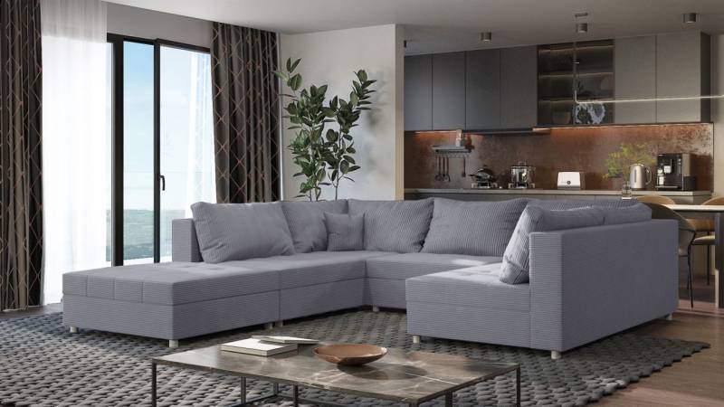 Wohnlandschaft Sofa ANDRO Schlaffunktion und Hocker Stoff Lincoln Grau von Fun Möbel