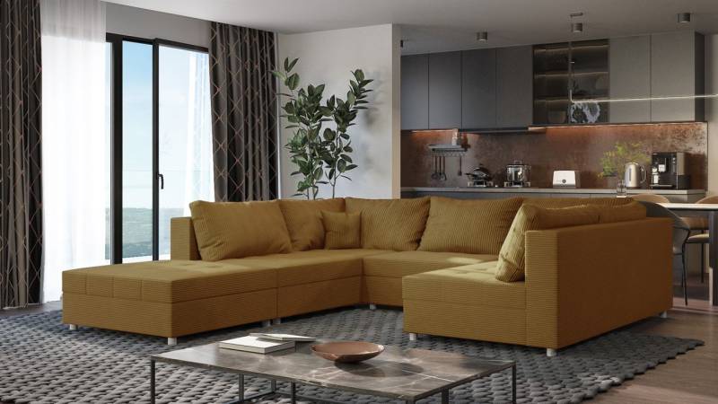 Wohnlandschaft Sofa ANDRO Schlaffunktion und Hocker Stoff Lincoln Senfgelb von Fun Möbel