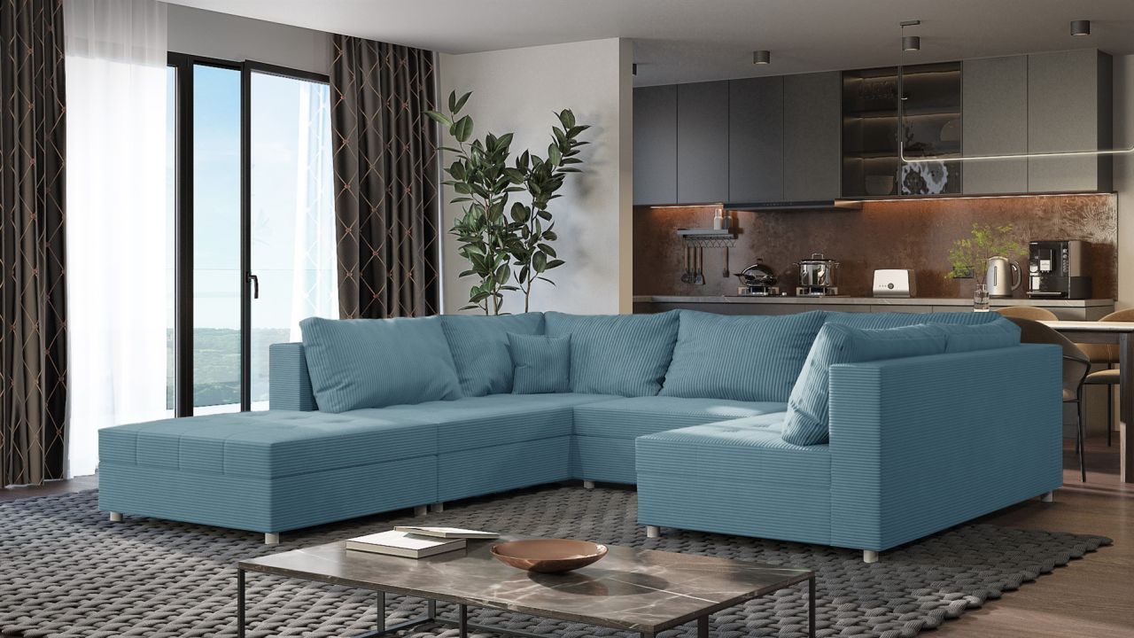 Wohnlandschaft Sofa ANDRO Schlaffunktion und Hocker Stoff Lincoln Sky von Fun Möbel