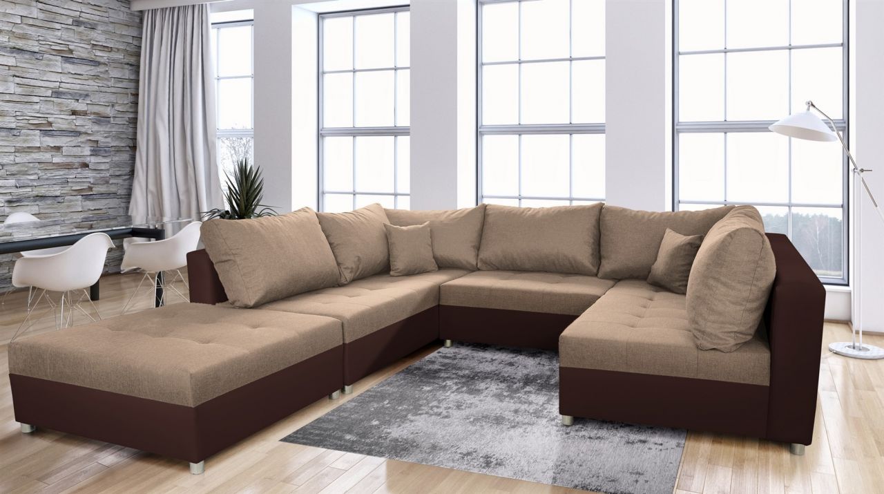 Wohnlandschaft Sofa ANDRO mit Schlaffunktion und Hocker Dunkelbraun-Cappuccino von Fun Moebel