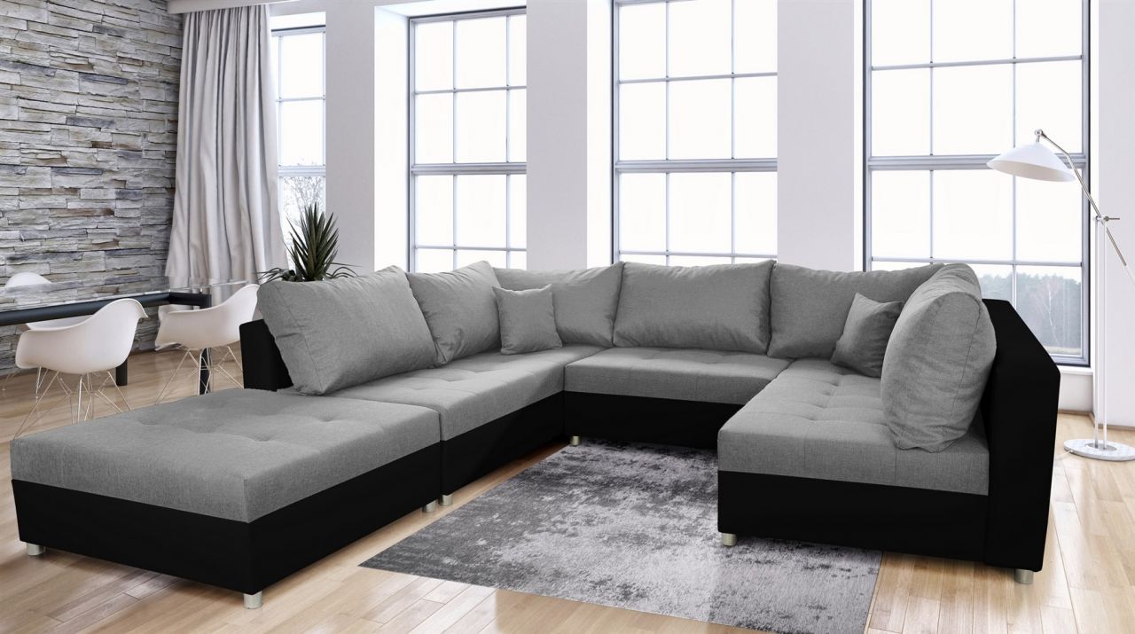 Wohnlandschaft Sofa ANDRO mit Schlaffunktion und Hocker Schwarz-Grau von Fun Moebel