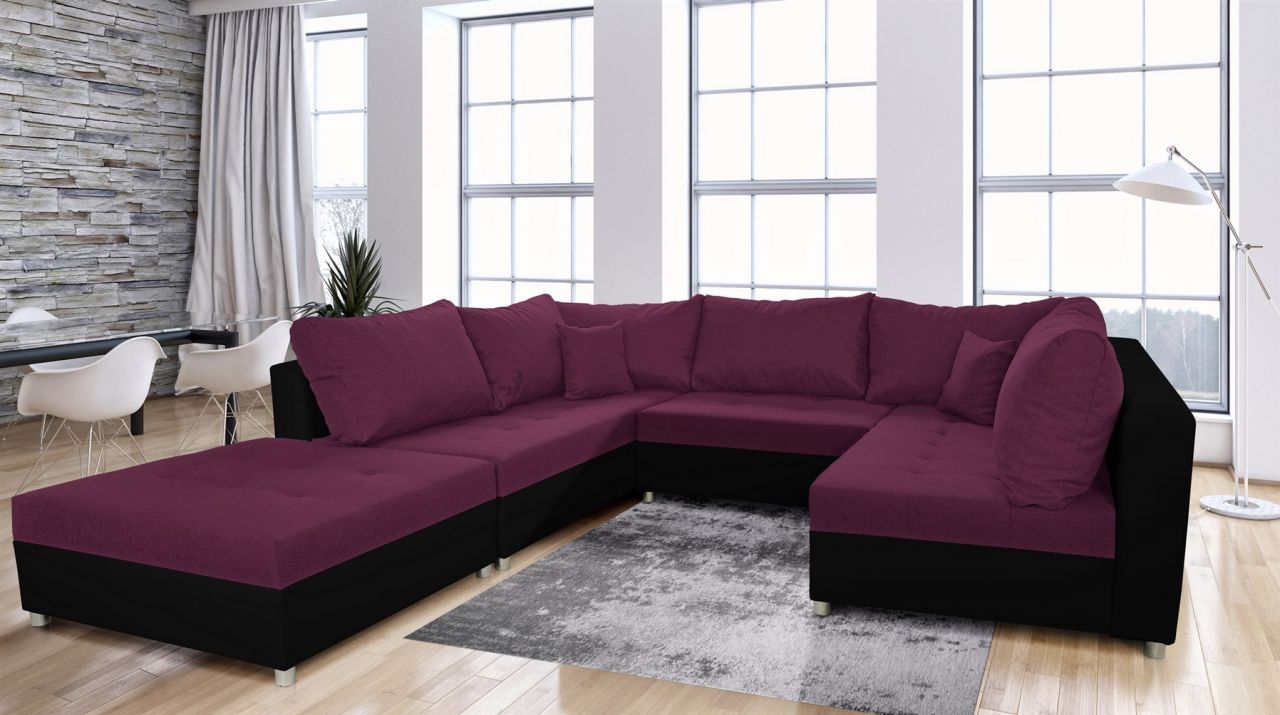 Wohnlandschaft Sofa ANDRO mit Schlaffunktion und Hocker Schwarz-Violett von Fun Moebel