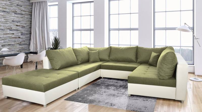 Wohnlandschaft Sofa ANDRO mit Schlaffunktion und Hocker Weiss-Lindengrün von Fun Moebel