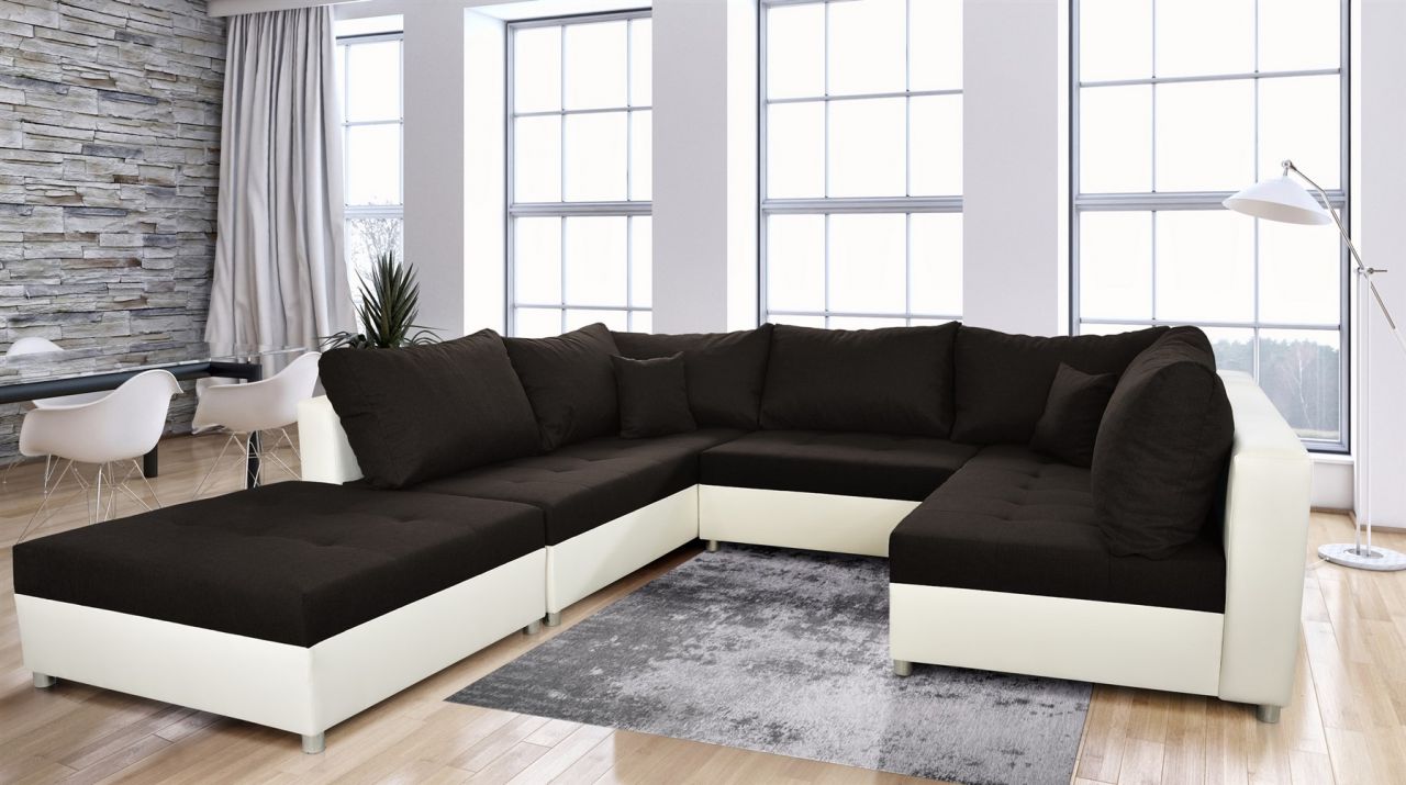 Wohnlandschaft Sofa ANDRO mit Schlaffunktion und Hocker Weiss-Schwarz von Fun Moebel