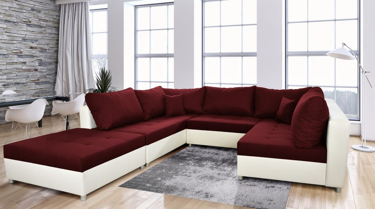 Wohnlandschaft Sofa ANDRO mit Schlaffunktion und Hocker Weiss-Weinrot von Fun Moebel