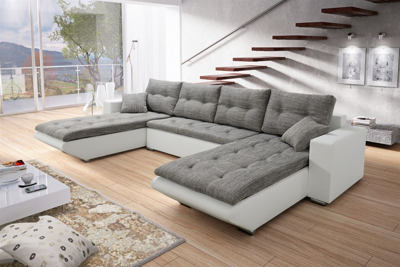 Wohnlandschaft Sofa NINO XL mit Schlaffunktion Weiss-Grau von Fun Moebel